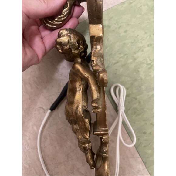 Vintage Heavy Bronze Cherub Angel Wall Sconce Light Hollywood Regency Lamp - Picture 13 of 14